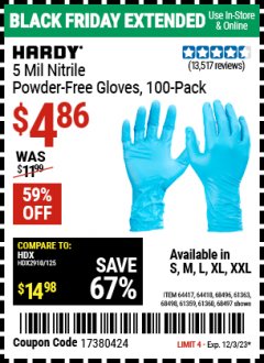 Harbor Freight Coupon HARDY 5 MIL NITRILE POWDER-FREE GLOVES, 100 PC. Lot No. 64417/64418/68496/61363/68498/61359/61360/68497 Expired: 12/3/23 - $4.86