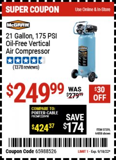 Harbor Freight Coupon MCGRAW 21 GALLON, 175 PSI OIL-FREE VERTICAL AIR COMPRESSOR Lot No. 64858/57259 Expired: 9/18/22 - $249.99