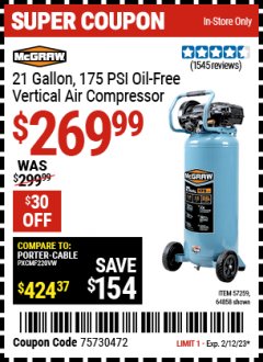 Harbor Freight Coupon MCGRAW 21 GALLON, 175 PSI OIL-FREE VERTICAL AIR COMPRESSOR Lot No. 64858/57259 Expired: 2/12/23 - $269.99