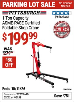 Harbor Freight Coupon PITTSBURGH 1 TON CAPACITY FOLDABLE SHOP CRANE Lot No. 58794 Expired: 10/11/26 - $199.99