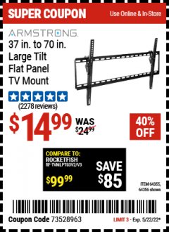 Harbor Freight Coupon ARMSTRONG 37" TO 70" LARGE TILT FLAT PANEL TV MOUNT Lot No. 64355/64356 Expired: 5/22/22 - $14.99