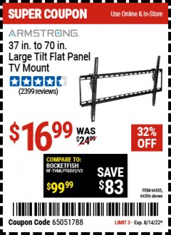Harbor Freight Coupon ARMSTRONG 37" TO 70" LARGE TILT FLAT PANEL TV MOUNT Lot No. 64355/64356 Expired: 8/18/22 - $16.99