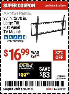 Harbor Freight Coupon ARMSTRONG 37" TO 70" LARGE TILT FLAT PANEL TV MOUNT Lot No. 64355/64356 Expired: 9/18/22 - $16.99