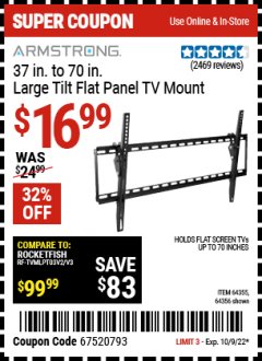 Harbor Freight Coupon ARMSTRONG 37" TO 70" LARGE TILT FLAT PANEL TV MOUNT Lot No. 64355/64356 Expired: 10/9/22 - $16.99