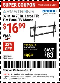 Harbor Freight Coupon ARMSTRONG 37" TO 70" LARGE TILT FLAT PANEL TV MOUNT Lot No. 64355/64356 Expired: 12/4/22 - $16.99