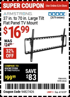 Harbor Freight Coupon ARMSTRONG 37" TO 70" LARGE TILT FLAT PANEL TV MOUNT Lot No. 64355/64356 Expired: 4/13/23 - $16.99
