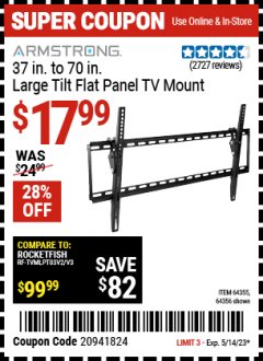 Harbor Freight Coupon ARMSTRONG 37" TO 70" LARGE TILT FLAT PANEL TV MOUNT Lot No. 64355/64356 Expired: 5/14/23 - $17.99