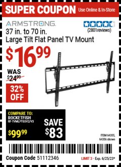 Harbor Freight Coupon ARMSTRONG 37" TO 70" LARGE TILT FLAT PANEL TV MOUNT Lot No. 64355/64356 Expired: 6/25/23 - $16.99