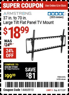 Harbor Freight Coupon ARMSTRONG 37" TO 70" LARGE TILT FLAT PANEL TV MOUNT Lot No. 64355/64356 Expired: 8/17/23 - $18.99