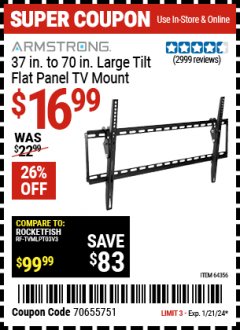 Harbor Freight Coupon ARMSTRONG 37" TO 70" LARGE TILT FLAT PANEL TV MOUNT Lot No. 64355/64356 Expired: 1/21/24 - $16.99