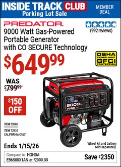 Harbor Freight ITC Coupon PREDATOR 9000 WATT GAS-POWERED PORTABLE GENERATOR WITH CO SECURE TECHNOLOGY, EPA Lot No. 59206/72935 Expired: 1/15/26 - $649.99