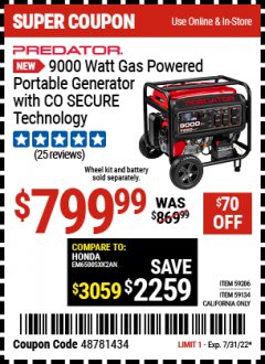 Harbor Freight Coupon 9000 WATT GAS POWERED GENERATOR WITH CO SECURE TECHNOLOGY Lot No. 59206,59134 Expired: 7/31/22 - $799.99