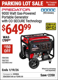 Harbor Freight Coupon PREDATOR 9000 WATT GAS-POWERED PORTABLE GENERATOR WITH CO SECURE TECHNOLOGY, EPA Lot No. 59206/72935 Expired: 12/31/69 - $649.99