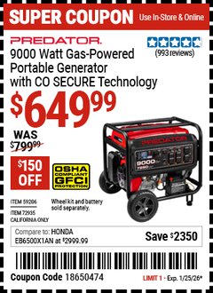 Harbor Freight Coupon PREDATOR 9000 WATT GAS-POWERED PORTABLE GENERATOR WITH CO SECURE TECHNOLOGY, EPA Lot No. 59206/72935 Expired: 1/25/26 - $649.99