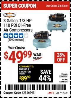 Harbor Freight Coupon MCGRAW 3 GALLON, 1/3 HP 110 PSI OIL-FREE AIR COMPRESSORS Lot No. 57567/57572 Expired: 7/17/22 - $49.99
