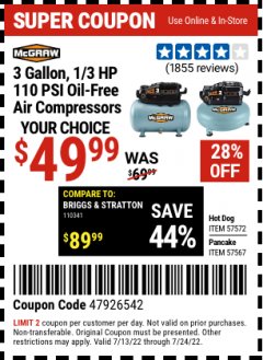 Harbor Freight Coupon MCGRAW 3 GALLON, 1/3 HP 110 PSI OIL-FREE AIR COMPRESSORS Lot No. 57567/57572 Expired: 7/24/22 - $49.99