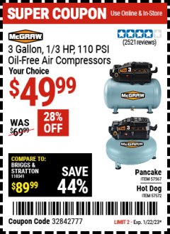Harbor Freight Coupon MCGRAW 3 GALLON, 1/3 HP 110 PSI OIL-FREE AIR COMPRESSORS Lot No. 57567/57572 Expired: 1/22/23 - $49.99