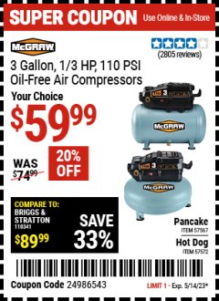 Harbor Freight Coupon MCGRAW 3 GALLON, 1/3 HP 110 PSI OIL-FREE AIR COMPRESSORS Lot No. 57567/57572 Expired: 5/14/23 - $59.99