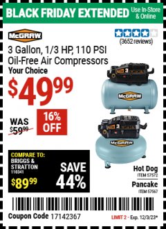 Harbor Freight Coupon MCGRAW 3 GALLON, 1/3 HP 110 PSI OIL-FREE AIR COMPRESSORS Lot No. 57567/57572 Expired: 12/3/23 - $49.99