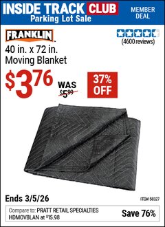 Harbor Freight ITC Coupon FRANKLIN 40 IN. X 72 IN. MOVING BLANKET Lot No. 58327 Expired: 3/5/26 - $3.76