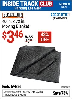 Harbor Freight ITC Coupon FRANKLIN 40 IN. X 72 IN. MOVING BLANKET Lot No. 58327 Expired: 6/4/26 - $3.46
