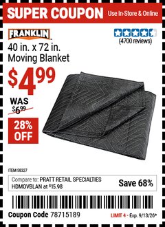 Harbor Freight Coupon FRANKLIN 40 IN. X 72 IN. MOVING BLANKET Lot No. 58327 Expired: 9/13/26 - $4.99