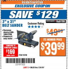Harbor Freight ITC Coupon 3" x 21" INDUSTRIAL VARIABLE SPEED BELT SANDER Lot No. 69860/94748 Expired: 7/24/18 - $39.99
