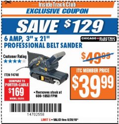 Harbor Freight ITC Coupon 3" x 21" INDUSTRIAL VARIABLE SPEED BELT SANDER Lot No. 69860/94748 Expired: 8/28/18 - $39.99