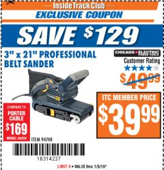 Harbor Freight ITC Coupon 3" x 21" INDUSTRIAL VARIABLE SPEED BELT SANDER Lot No. 69860/94748 Expired: 1/9/19 - $39.99