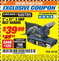 Harbor Freight ITC Coupon 3" x 21" INDUSTRIAL VARIABLE SPEED BELT SANDER Lot No. 69860/94748 Expired: 12/31/18 - $39.99