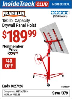 Harbor Freight Coupon FRANKLIN 150 LB. CAPACITY DRYWALL PANEL HOIST Lot No. 58307 Valid: 12/31/69 - 8/27/26 - $189.99