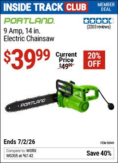 Harbor Freight Coupon PORTLAND 9 AMP, 14 IN. ELECTRIC CHAINSAW Lot No. 58949 Valid: 12/31/69 - 7/2/26 - $39.99