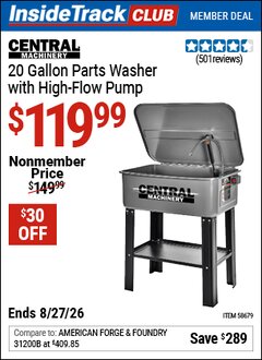 Harbor Freight ITC Coupon CENTRAL MACHINERY 20 GALLON PARTS WASHER WITH HIGH-FLOW PUMP Lot No. 58679 Valid Thru: 8/27/26 - $119.99