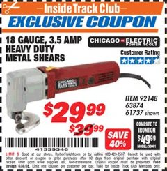 Harbor Freight ITC Coupon 18 GAUGE HEAVY DUTY METAL SHEARS Lot No. 61737/92148 Expired: 6/30/18 - $29.99