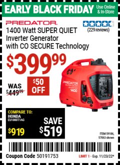 Harbor Freight Coupon PREDATOR 1400 WATT SUPER QUIET INVERTER GENERATOR WITH CO SECURE TECHNOLOGY Lot No. 57063/59186 Expired: 11/23/21 - $399.99