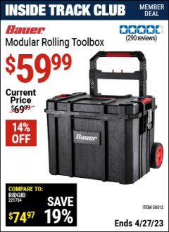 Harbor Freight ITC Coupon BAUER MODULAR ROLLING TOOLBOX Lot No. 58512 Expired: 4/27/23 - $59.99