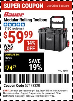 Harbor Freight Coupon BAUER MODULAR ROLLING TOOLBOX Lot No. 58512 Expired: 8/7/22 - $59.99
