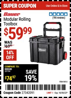 Harbor Freight Coupon BAUER MODULAR ROLLING TOOLBOX Lot No. 58512 Expired: 10/30/22 - $59.99