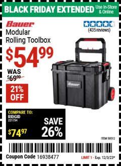 Harbor Freight Coupon BAUER MODULAR ROLLING TOOLBOX Lot No. 58512 Expired: 12/3/23 - $54.99