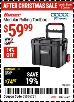 Harbor Freight Coupon BAUER MODULAR ROLLING TOOLBOX Lot No. 58512 Expired: 1/7/24 - $59.99