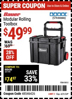 Harbor Freight Coupon BAUER MODULAR ROLLING TOOLBOX Lot No. 58512 Expired: 4/21/24 - $49.99