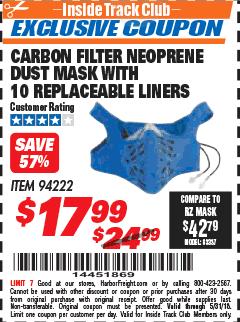 Harbor Freight ITC Coupon CARBON FILTER NEOPRENE DUST MASK WITH REPLACEABLE LINERS Lot No. 94222 Expired: 5/31/18 - $17.99