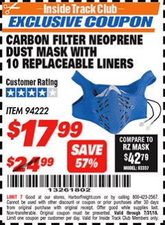 Harbor Freight ITC Coupon CARBON FILTER NEOPRENE DUST MASK WITH REPLACEABLE LINERS Lot No. 94222 Expired: 7/31/18 - $17.99