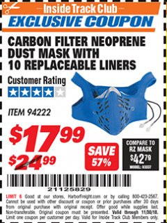 Harbor Freight ITC Coupon CARBON FILTER NEOPRENE DUST MASK WITH REPLACEABLE LINERS Lot No. 94222 Expired: 11/30/18 - $17.99
