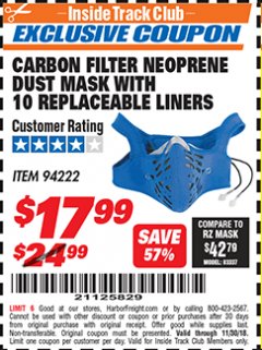 Harbor Freight ITC Coupon WESTERN SAFETY MULTI-PURPOSE DUST MASK WITH ACTIVATED CARBON FILTER Lot No. 94222 Expired: 11/30/18 - $17.99