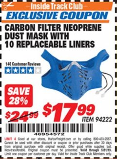 Harbor Freight ITC Coupon WESTERN SAFETY MULTI-PURPOSE DUST MASK WITH ACTIVATED CARBON FILTER Lot No. 94222 Expired: 5/31/19 - $17.99