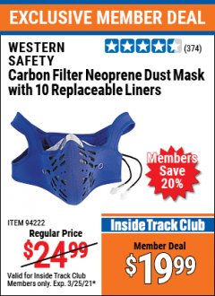 Harbor Freight ITC Coupon CARBON FILTER NEOPRENE DUST MASK WITH REPLACEABLE LINERS Lot No. 94222 Expired: 3/25/21 - $19.99