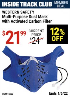 Harbor Freight ITC Coupon WESTERN SAFETY MULTI-PURPOSE DUST MASK WITH ACTIVATED CARBON FILTER Lot No. 94222 Expired: 1/6/22 - $21.99