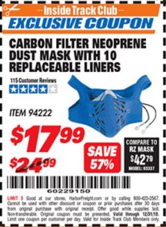 Harbor Freight ITC Coupon WESTERN SAFETY MULTI-PURPOSE DUST MASK WITH ACTIVATED CARBON FILTER Lot No. 94222 Expired: 12/31/18 - $17.99