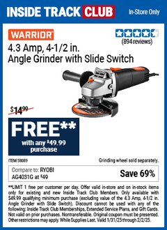 Harbor Freight FREE Coupon WARRIOR 4.3 AMP, 4-1/2 IN. ANGLE GRINDER WITH SLIDE SWITCH Lot No. 58089 Expired: 2/2/25 - FWP